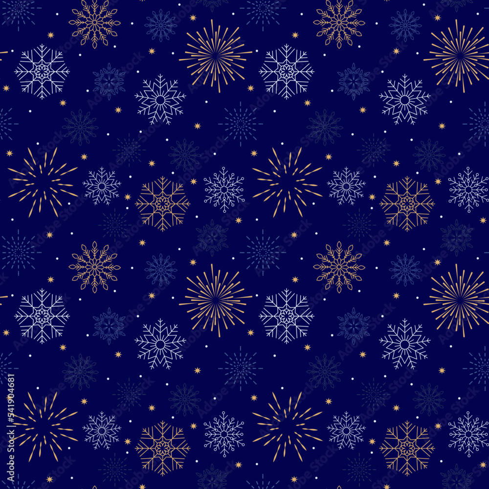 Seamless pattern with Christmas symbols in golden color. Snowflakes, fir tree, etc. Textile, packaging collection Seamless pattern with Christmas symbols in golden color. Snowflakes, fir tree, etc. Textile, packaging collection