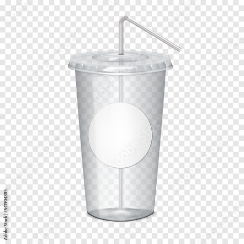 Clear empty plastic cup with flat lid, bendy drinking straw and white blank round label sticker on transparent background realistic vector mock-up. Takeaway drink mug mockup. Template for design