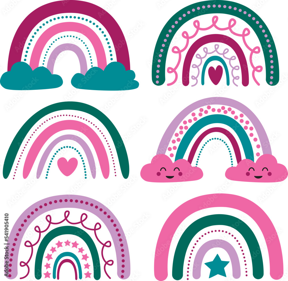 Colorful set of cute doodle rainbows. Trendy print for girl or boy. Printable art on white background. Colorful set of cute doodle rainbows. Trendy print for girl or boy. Printable art on white background.