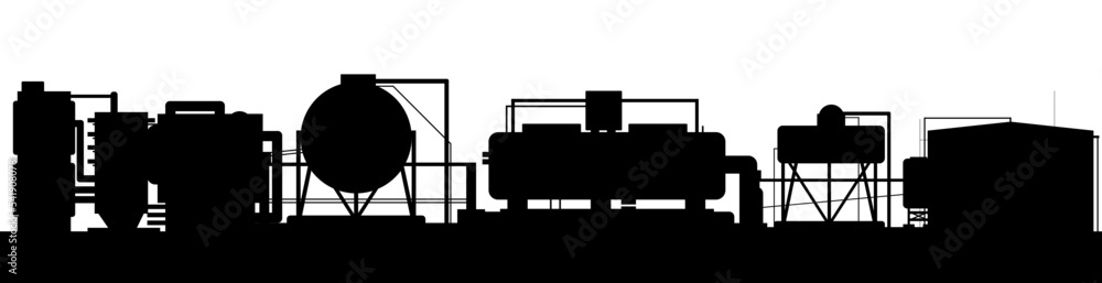 Production plant. Barrels with pipes. Silhouette of objects. Seamless horizontal composition. Industrial equipment. Factory chemical. Isolated white background. Modern technology enterprise. Vector Production plant. Barrels with pipes. Silhouette of objects. Seamless horizontal composition. Industrial equipment. Factory chemical. Isolated white background. Modern technology enterprise. Vector