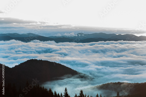 landscape in the mountains at sunrise peak peeking above the clouds fog travel outdoor recreation vacation in the Carpathians space for text atmosphere wallpaper screensaver pattern poster postcard