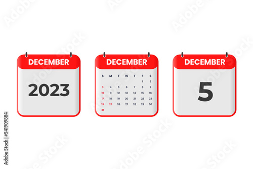 December 2023 calendar design. 5th December 2023 calendar icon for schedule, appointment, important date concept