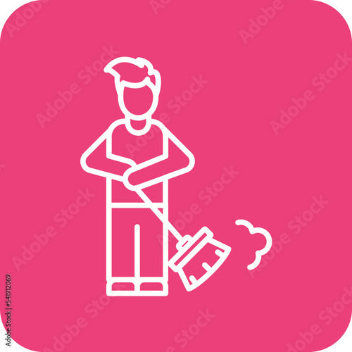 Man Sweeping Floor Line Round Corner Background Icon