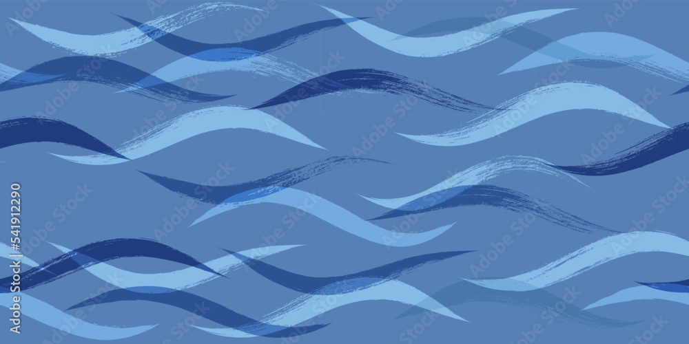Seamless Wave Pattern, Blue wavy brush stroke. Hand drawn water sea vector background. curly paint lines, watercolor illustration