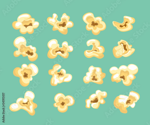 Cartoon kernels popcorn. Classic movie snack. Kernel salty pop corn, caramel sweetcorn, cinema snack food, set isolated single icons background