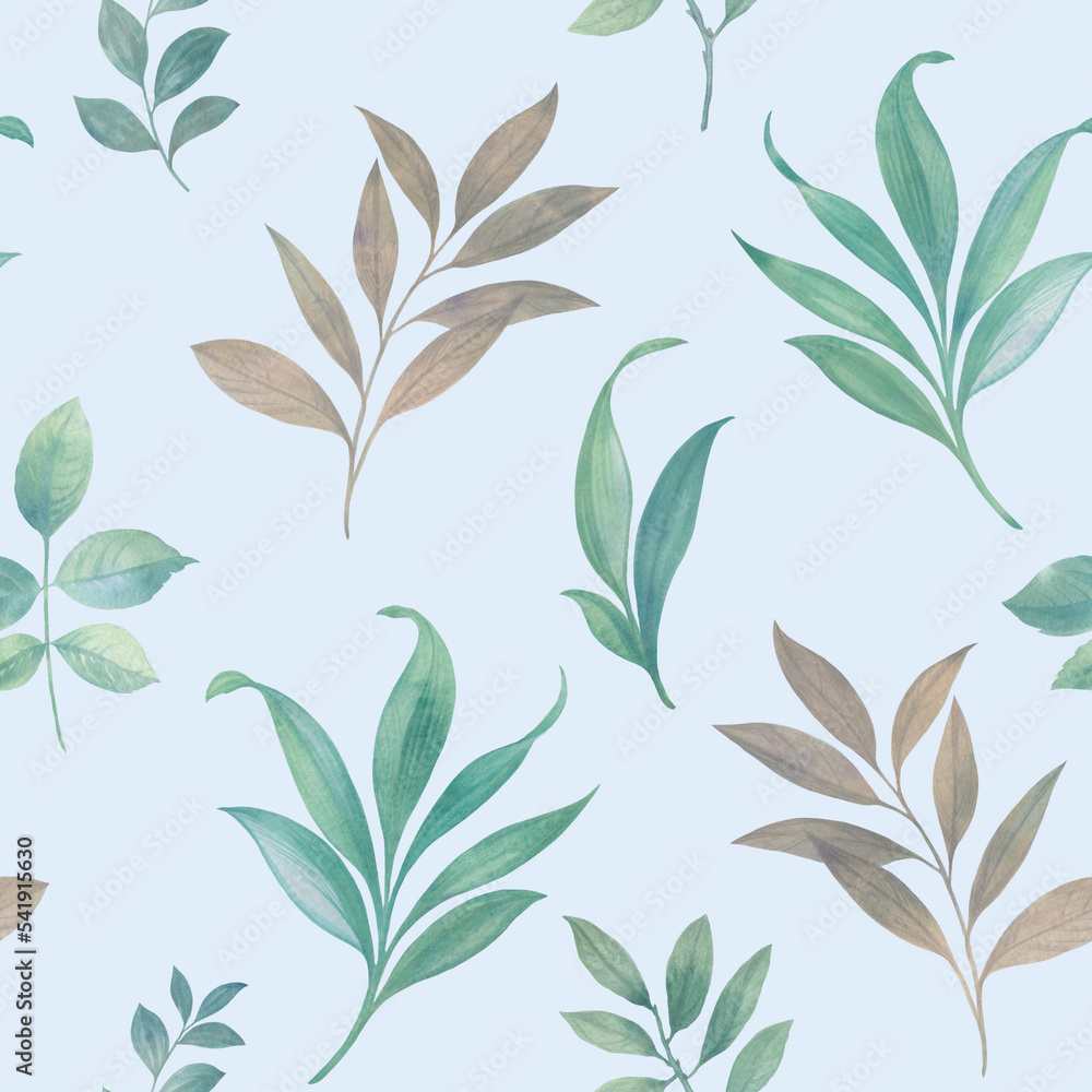 Green leaves seamless pattern with abstract watercolor for wallpaper, wrapping paper, print, design.