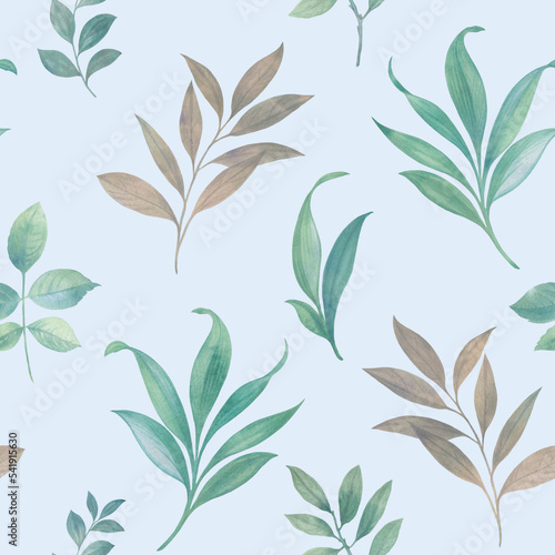 Green leaves seamless pattern with abstract watercolor for wallpaper  wrapping paper  print  design.