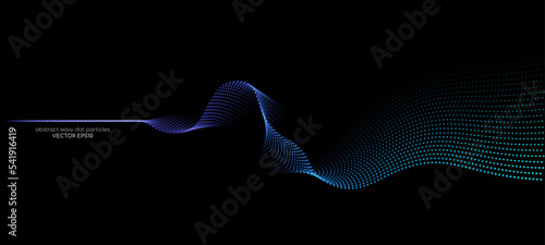 Flowing particles wave pattern blue and green gradient light isolated on black background. Vector in concept of AI technology, science, music.