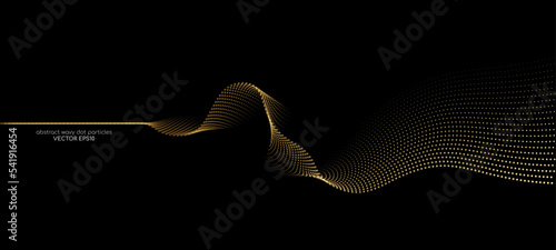 Flowing dots particles wave pattern gold light isolated on black background. Vector in concept of technology, science, music, modern.