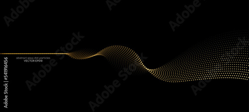 Flowing dots particles wave pattern gold light isolated on black background. Vector in concept of technology, science, music, modern.