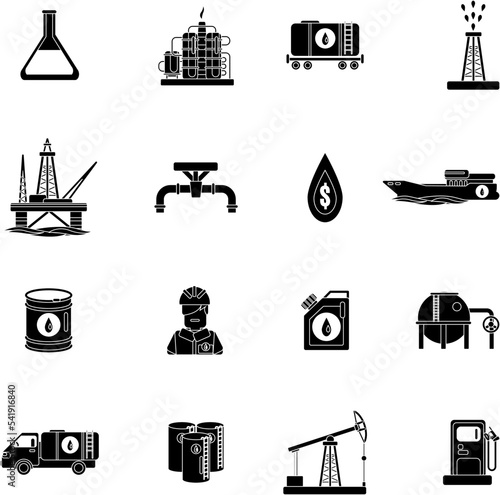 Oil industry black and white flat vector icon collection set