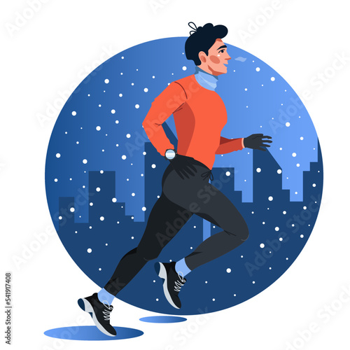 Vector illustration of a young man running during a snowfall against the background of a night city. Preparation for sports competitions. Sports, training, running, motivation. Flat style