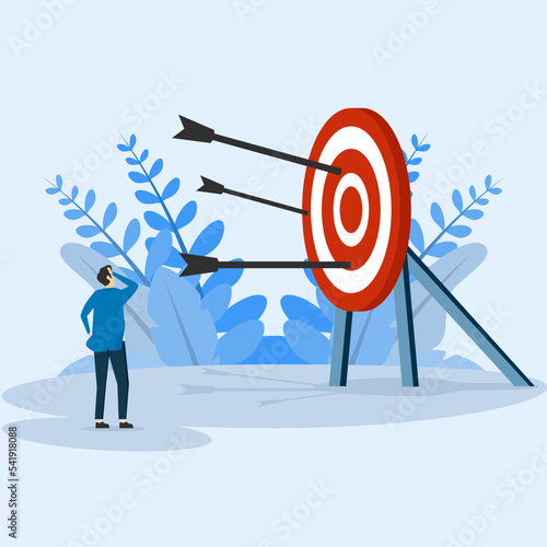 Entrepreneurs who fail to achieve targets. Not hitting the target, arrows all around. The male character is confused about the bow and arrow not hitting the target. Entrepreneurs fail.
