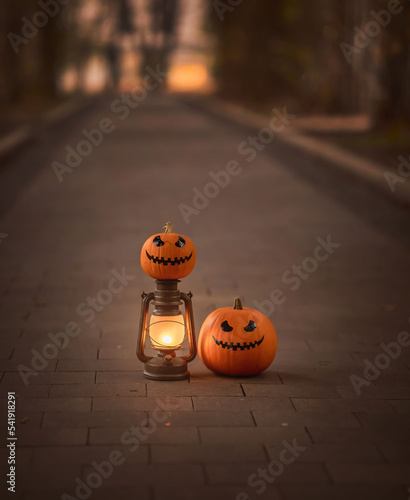 Two pumpkins and a lamp on a dark background. Autumn concept, harvest. Halloween. Fear. copy space.