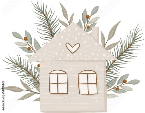 Winter composition Scandinavian house and Christmas trees illustration for design, print, pattern, isolated on a transparent background