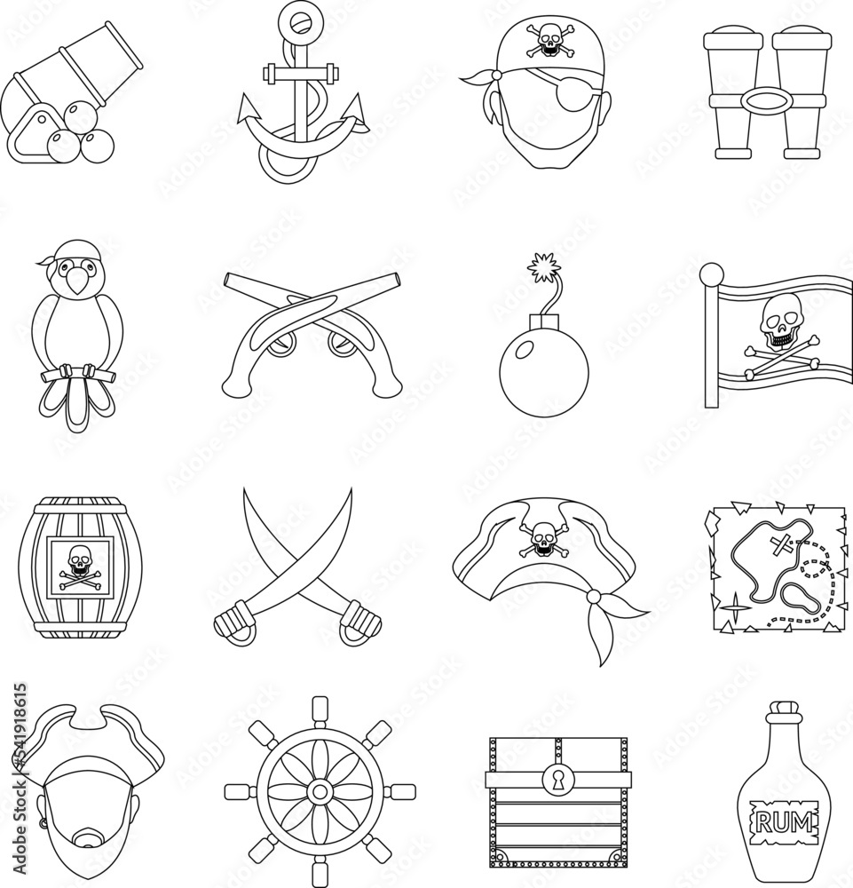 Pirate icons outline flat vector icon collection set Pirate icons outline flat vector icon collection set