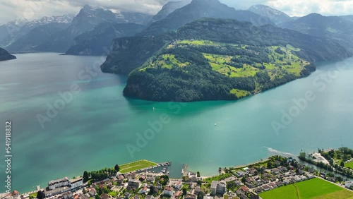 beautiful Swiss nature, aerial view of lake Lucerne in Switzerland, flying in Swiss Alps near Luzern, peaceful view of Switzerland photo