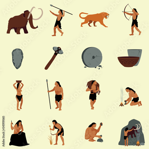 Prehistoric stone age color flat vector icon collection set