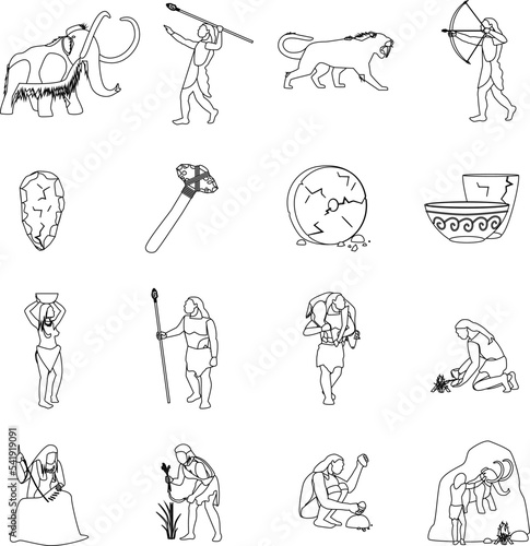 Prehistoric stone age outline flat vector icon collection set