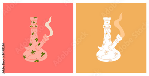 Hand drawn vector abstract graphic clip art illustration of Medical Marijuana, smoking accessories.Glass bong for smoking weed.Cannabis and weed legalization concept design.Trendy vector illustration.