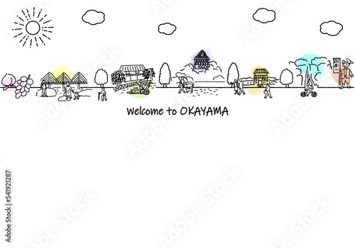 手書きの岡山県の街並みと人々のシンプル線画