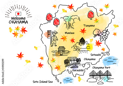 秋の岡山の観光地シンプル線画イラストマップ © RURIBYAKU
