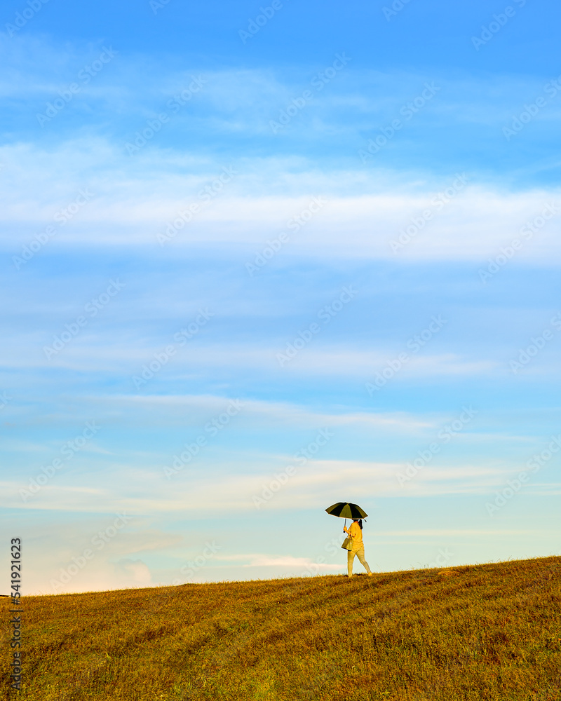 A lady with umbrella on horizon 
