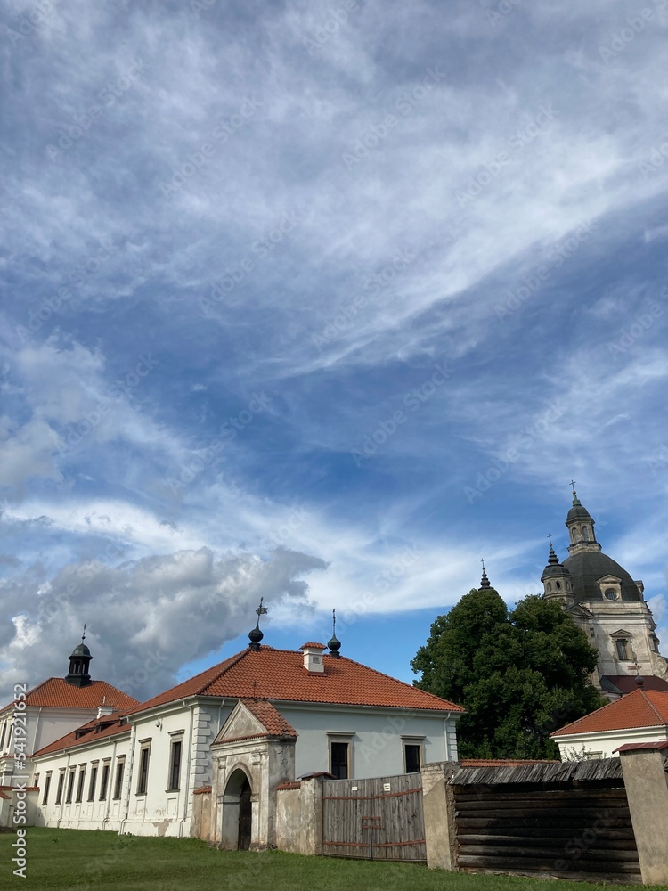 Baroque style old Pazaislis monastery near Kaunas, Lithuania with summer clouds