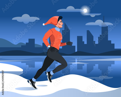 Vector illustration of a young man running a New Year's marathon on a winter night. Preparation for sports competitions. Sports, training, running, motivation. Flat style
