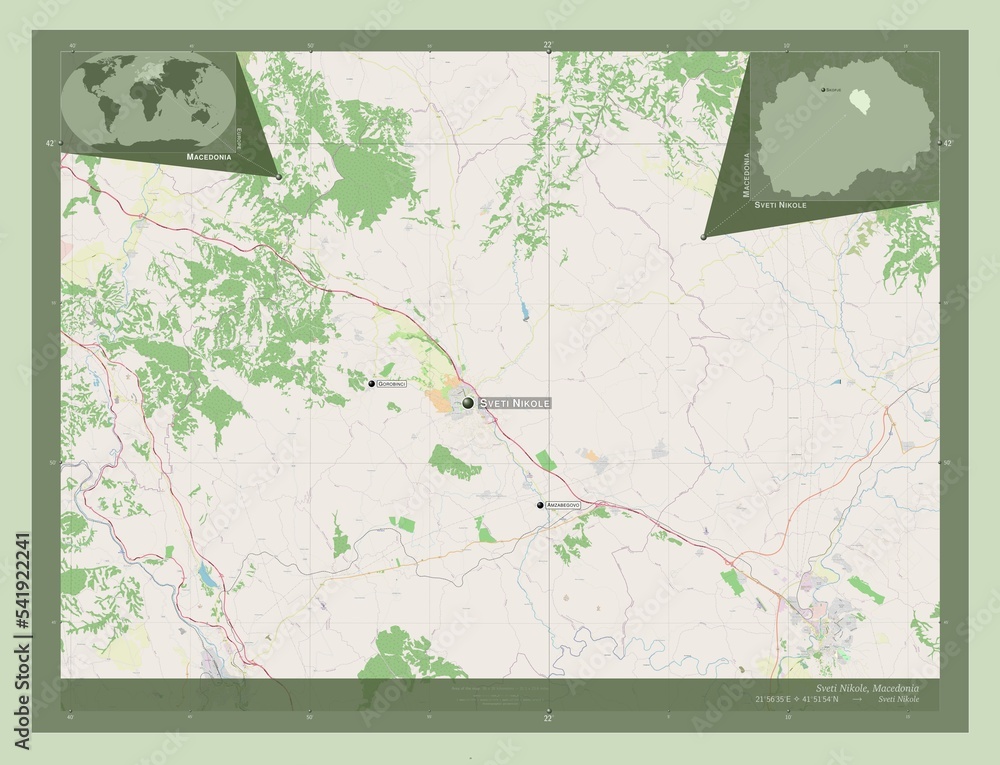 Sveti Nikole, Macedonia. OSM. Labelled points of cities