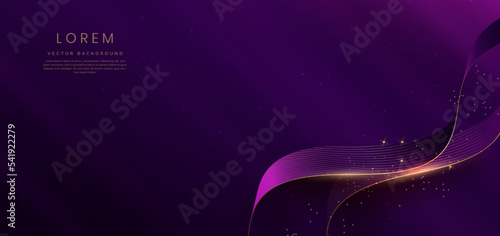 Luxury curve golden lines on dark purple  background with lighting effect copy space for text. Luxury design style.
