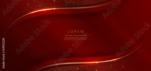 Abstract 3d gold curved red ribbon on red background with lighting effect and sparkle with copy space for text.