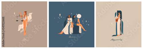 Hand drawn vector abstract graphic illustrations with zodiac astrological contemporary air signs symbols collection set, magic boho female characters,clipart boho design,feminine astrology concept.