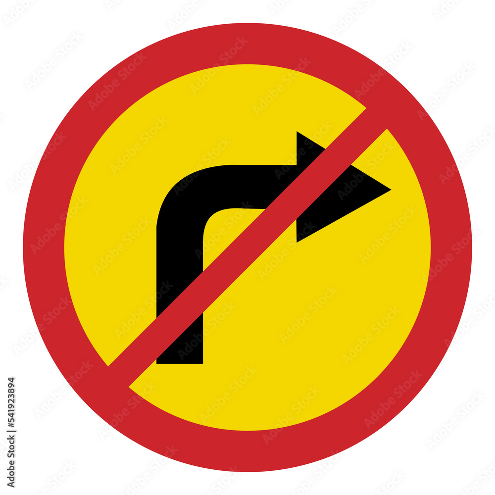 Prohibited road signs. Turn right is prohibited. Traffic signs. Stock