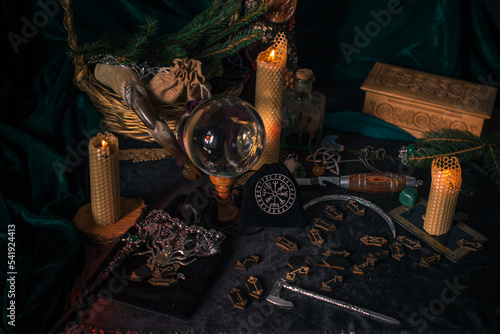 Scandinavian, Nordic concept, old world magic. Rite, pagan scene, North witch altar