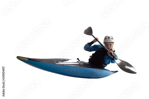 Woman in a kayak isolated on white