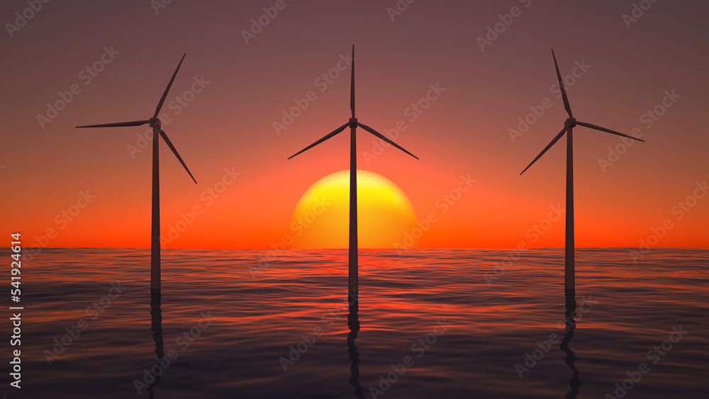 three of wind turbines in the sea at sunset