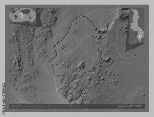 Blantyre, Malawi. Grayscale. Labelled points of cities photo