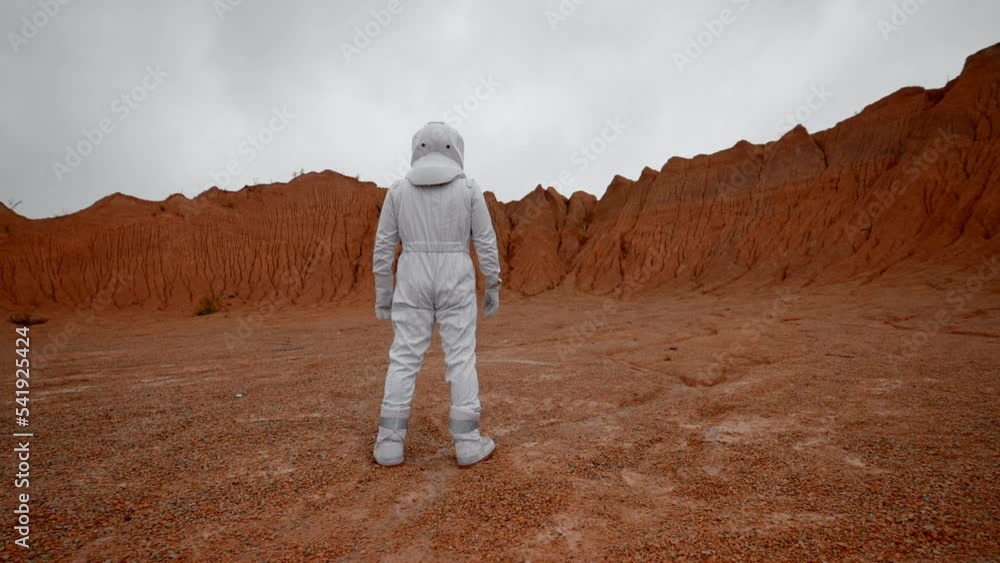 A cosmonaut in a white suit stands inside the crater and looks ahead. Rear view of an astronaut inspired by a landscape from a distant planet. A cosmonaut in a white suit stands inside the crater and looks ahead. Rear view of an astronaut inspired by a landscape from a distant planet.