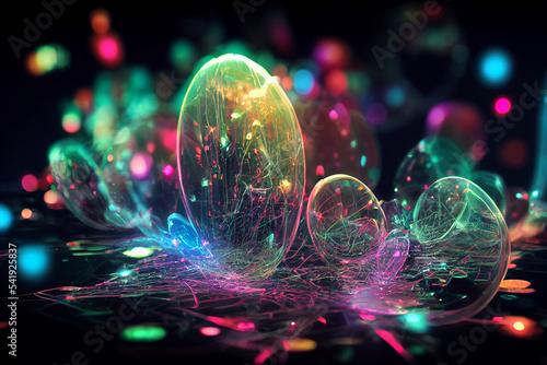 Falling multi-colored stars and shiny particles on a black background, neon light. Background image.  © Maksym