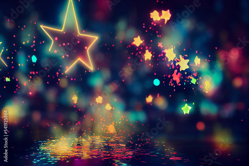 Falling multi-colored stars and shiny particles on a black background, neon light. Background image.
