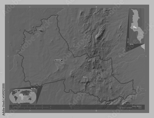 Dowa, Malawi. Grayscale. Labelled points of cities photo