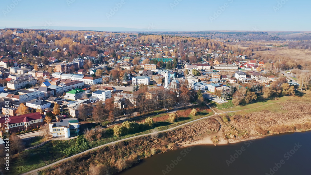 Tarusa, autumn forest and trees, Russian cities, Oka river, aerial shots