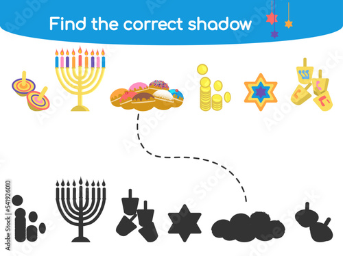 Find the correct shadow. Kids educational game. Hanukkah traditional symbols Menorah, star of David, dreidel, sufganiyah, coins Vector illustration for childrens books and magazines