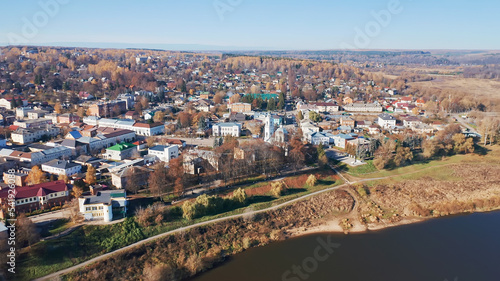 Tarusa, autumn forest and trees, Russian cities, Oka river, aerial shots