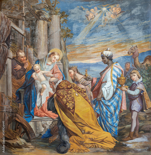 Fotografie IVREA, ITALY - JULY 15, 2022: The fresco of Three Magi in the church Santuario Monte Stella from middle of 20
