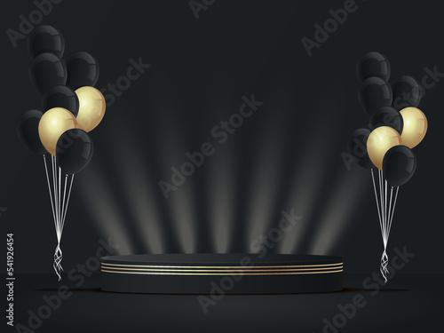 Obraz na plátně Illustration Vector Design of  Black Background with Podium and golden Objects