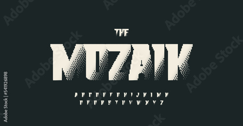 Blackout halftone alphabet, fat high unusual font with acute serifs, square mosaic letters for futuristic logo and headline. Vector typographic design