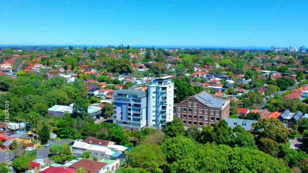 Panoramic Aerial Drone view of Suburban Sydney housing, roof tops, the streets and the parks Panoramic Aerial Drone view of Suburban Sydney housing, roof tops, the streets and the parks