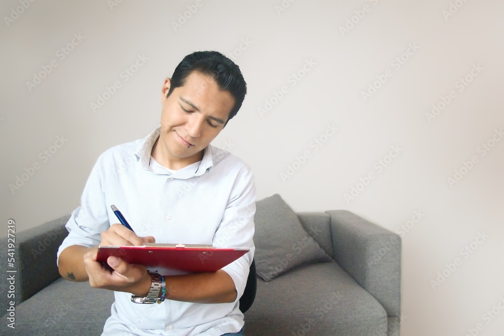 happy psychologist with notepad and copy space happy psychologist with notepad and copy space